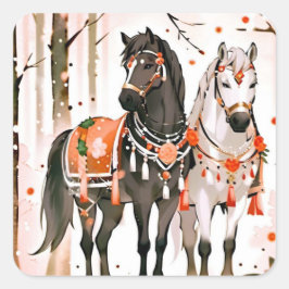 Pegatina Cuadrada Caballos de Acuarela en Follaje de Otoño: Arte Aco
