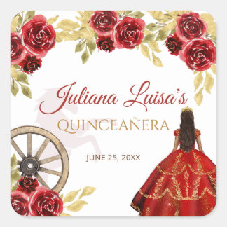 Pegatina Cuadrada Caballos de la Corona de Oro Rojo de Quinceañera O