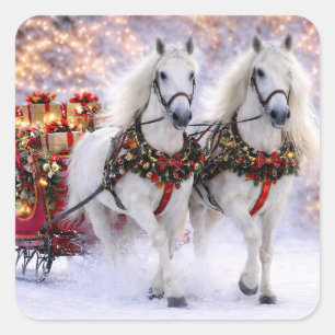 Pegatina Cuadrada Caballos de vacaciones de Navidad Trineo Nieve