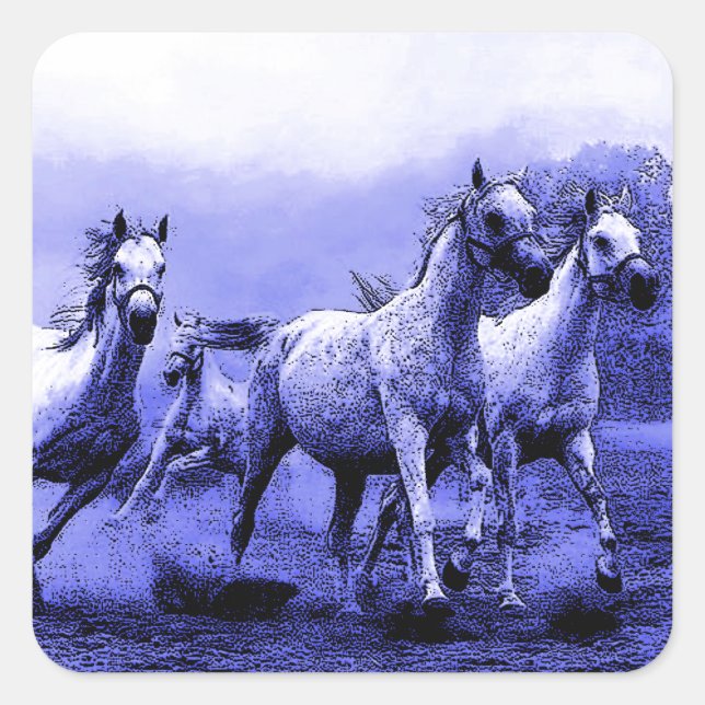 Pegatina Cuadrada Caballos en marcha y luz luna azul (Anverso)