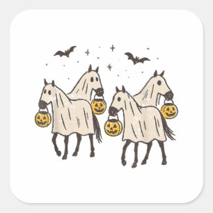 Pegatina Cuadrada Caballos Fantasmas Lindos Halloween Truco o Trato