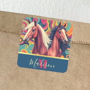 Pegatina Cuadrada Caballos marrones con un nombre de patrón colorido