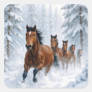 Pegatina Cuadrada Caballos Salvajes Corriendo a Través de un Bosque