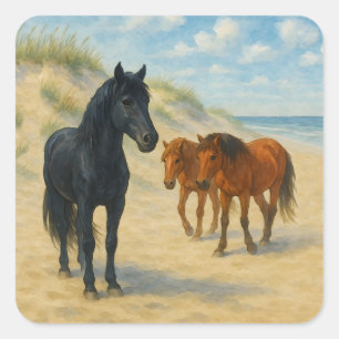 Pegatina Cuadrada Caballos Salvajes de Corolla North Carolina Acuare