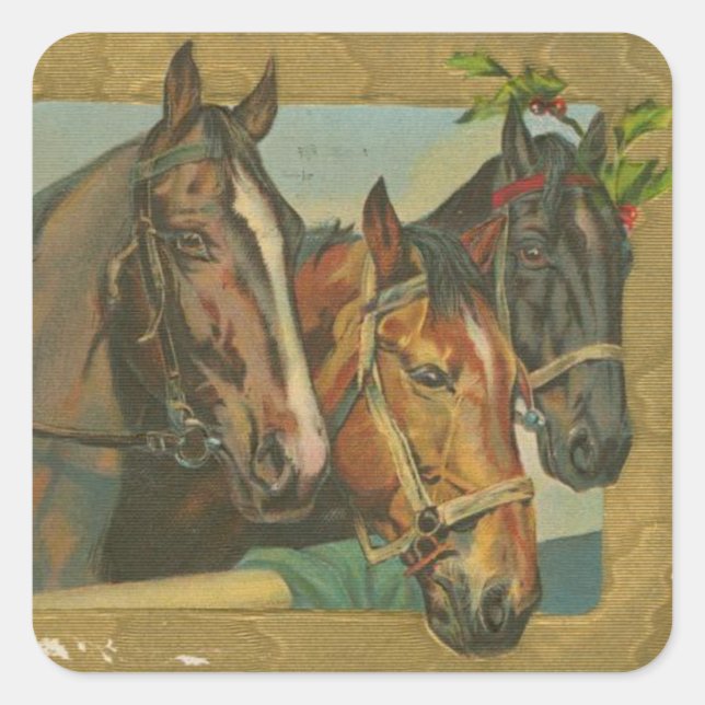Pegatina Cuadrada Caballos Vintage de Navidad (Anverso)