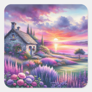 Pegatina Cuadrada Cabaña Atardecer Pastel Jardín junto al Lago Paisa