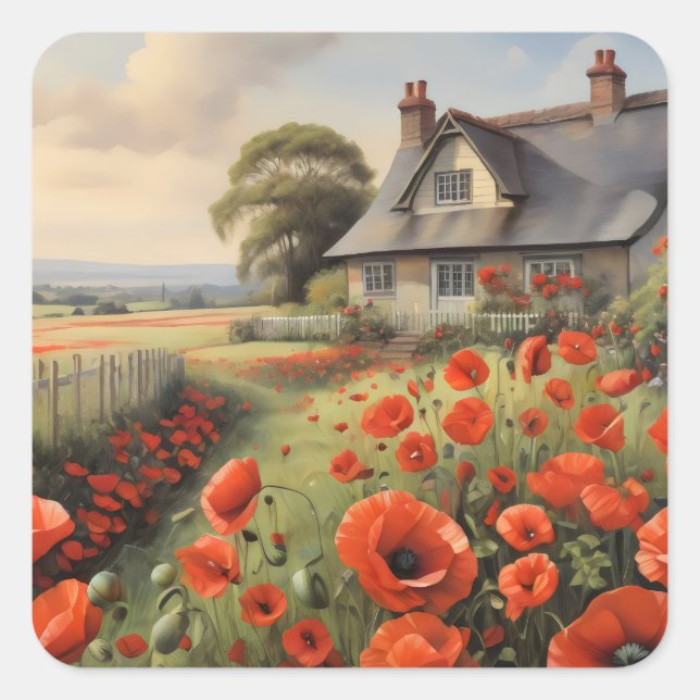 Pegatina Cuadrada Cabaña con valla de piquetes y pradera de tarta ro (Anverso)