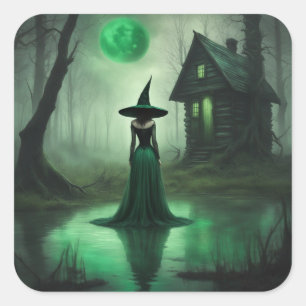 Pegatina Cuadrada Cabaña de bruja verde esmeralda en el bosque Hallo