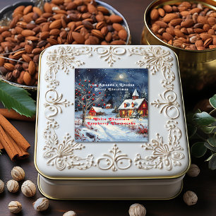 Pegatina Cuadrada Cabaña de invierno nevado de Navidad Luna Llena