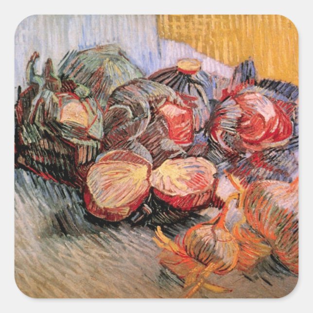 Pegatina Cuadrada Cabañas rojas y cebollas de Vincent van Gogh (Anverso)