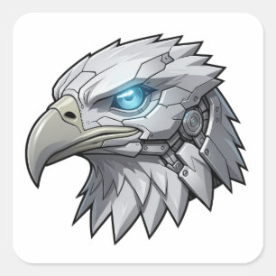 Pegatina Cuadrada Cabeza Cibernética de Águila Robótica Futurista Ág