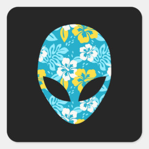 Pegatina Cuadrada Cabeza de Alien Hawaiano - Alien Divertido