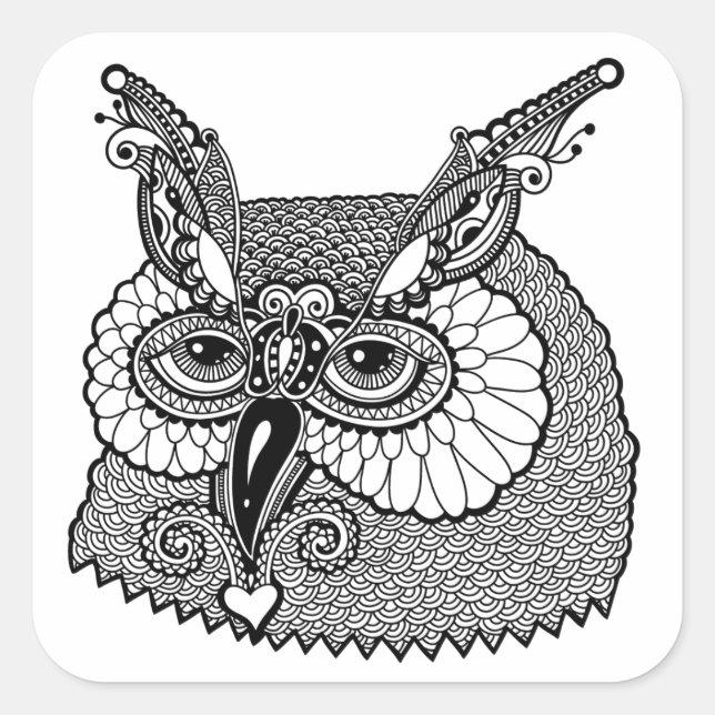 Pegatina Cuadrada Cabeza de búho Zendoodle (Anverso)