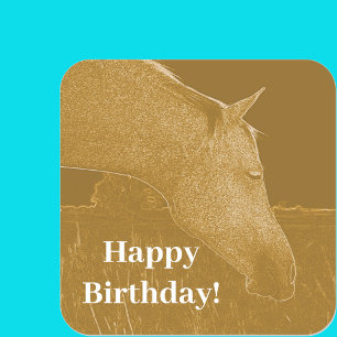 Pegatina Cuadrada Cabeza de caballo Feliz cumpleaños Golden Brown