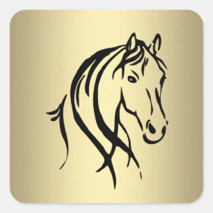 Pegatina Cuadrada Cabeza de caballo negra dorada