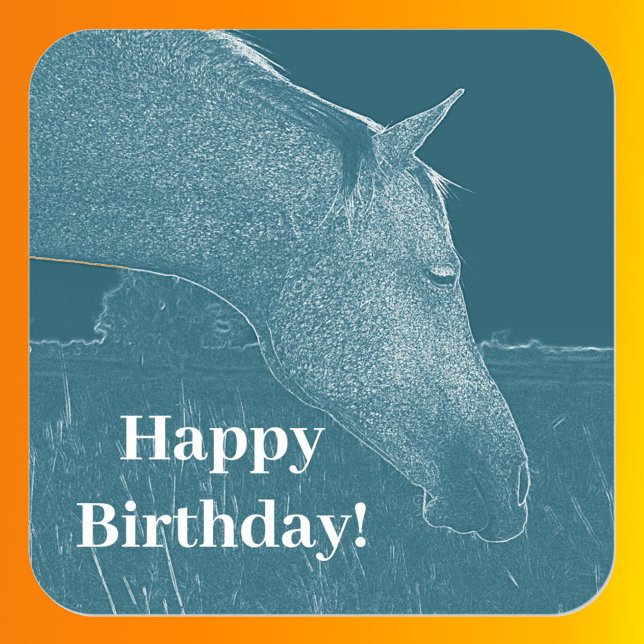 Pegatina Cuadrada Cabeza de caballo Turquoise Feliz cumpleaños (Front with Background)