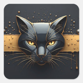 Pegatina Cuadrada Cabeza de Gato Negro con Diseño de Goteo de Oro 🐈