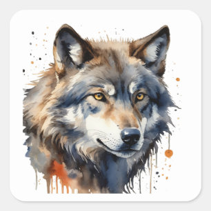 Pegatina Cuadrada Cabeza de Lobo Acuarela Arte de Animales Silvestre