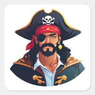 Pegatina Cuadrada Cabeza de pirata con sombrero marinero y parche en