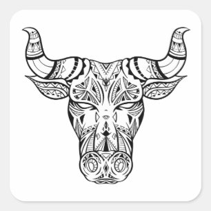 Pegatina Cuadrada Cabeza de toro con decoración de boho