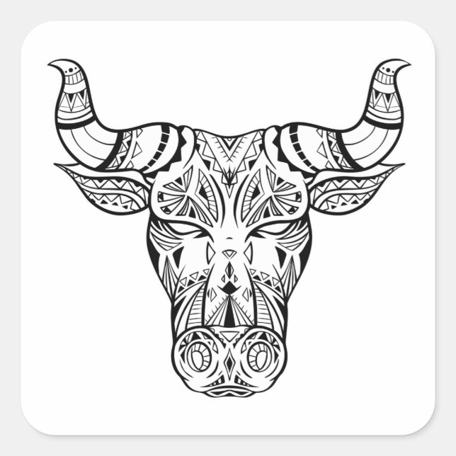 Pegatina Cuadrada Cabeza de toro con decoración de boho (Anverso)