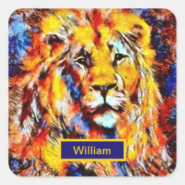 Pegatina Cuadrada Cabeza de un León de Arte Vintage con nombre