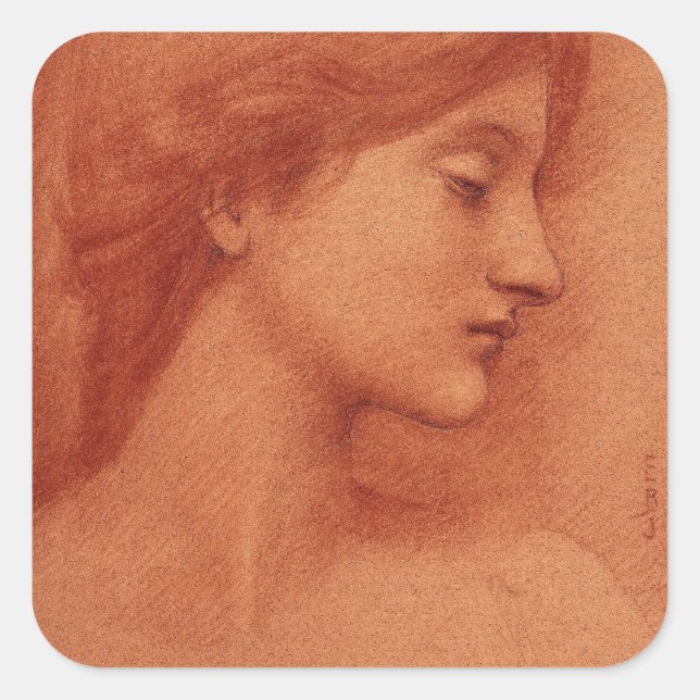 Pegatina Cuadrada Cabeza femenina, retrato fino de Edward Burne-Jone (Anverso)