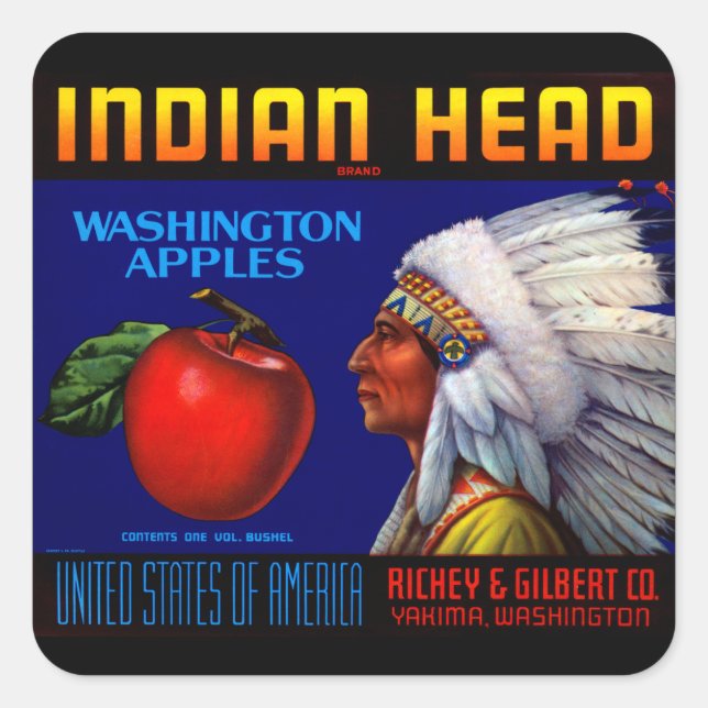 Pegatina Cuadrada Cabeza india de Washington manzanas (Anverso)