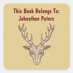 Pegatina Cuadrada Cabeza marrón masculina de venados Antlers Esbozo