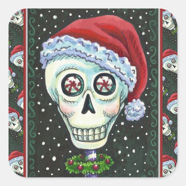 PEGATINA CUADRADA CABEZA MUERTA SANTA SKULL, NAVIDADES SKELETON HUMO (Anverso)