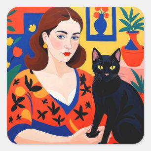 Pegatina Cuadrada Cabeza roja y gato negro