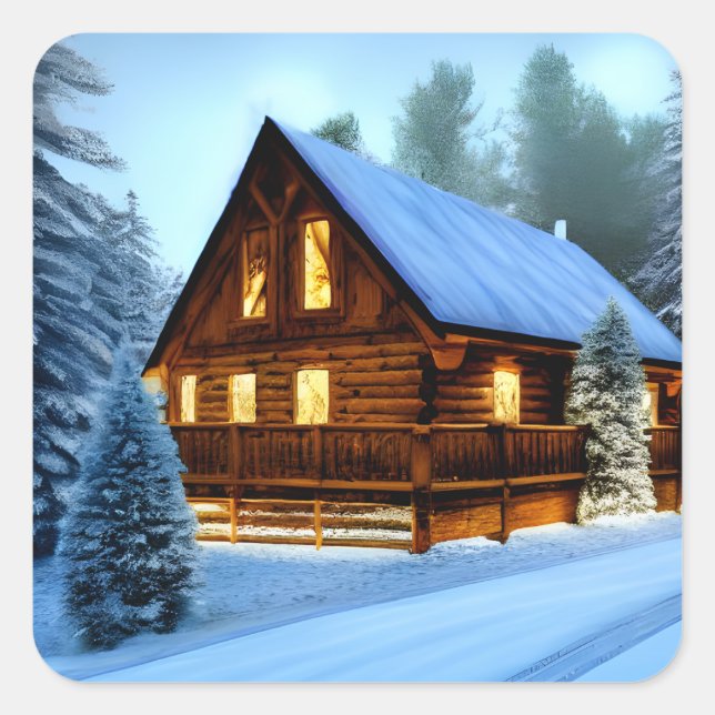 Pegatina Cuadrada Cabina de pino norte de campo (Anverso)