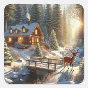 Pegatina Cuadrada Cabina en el bosque lleno de nieve con ciervo