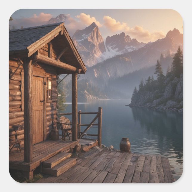 Pegatina Cuadrada Cabina En El Lago (Anverso)