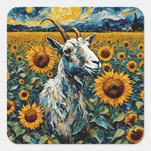 Pegatina Cuadrada Cabra Adorable en un campo de girasol
