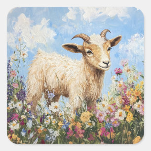 Pegatina Cuadrada Cabra Cuta Rodeada De Flores Silvestres