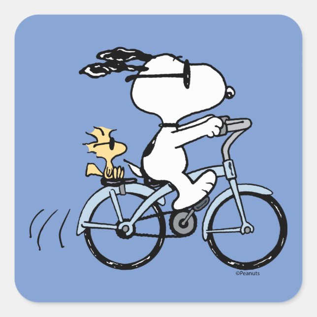 Pegatina Cuadrada Cacahuetes | Bicicleta Snoopy & Woodstock (Anverso)