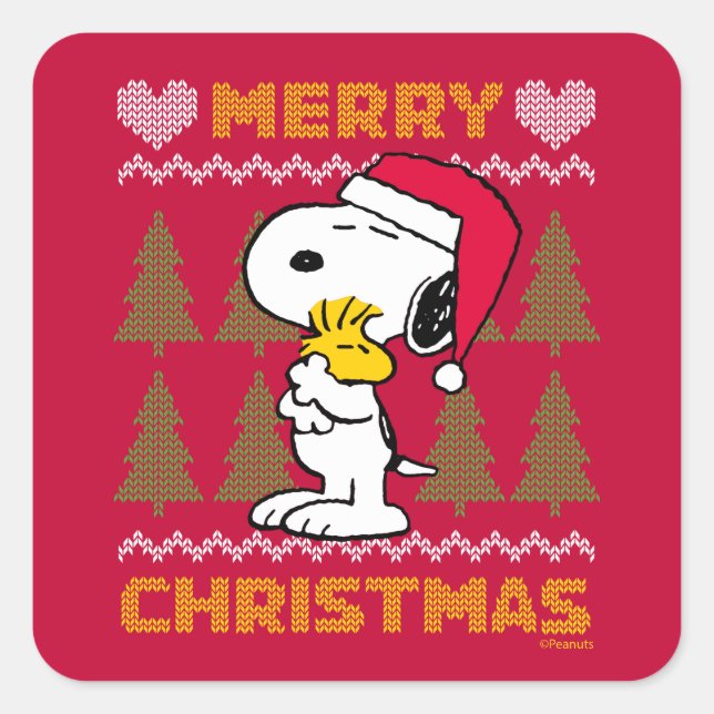 Pegatina Cuadrada Cacahuetes | Snoopy & Woodstock Santa Claus Hug (Anverso)