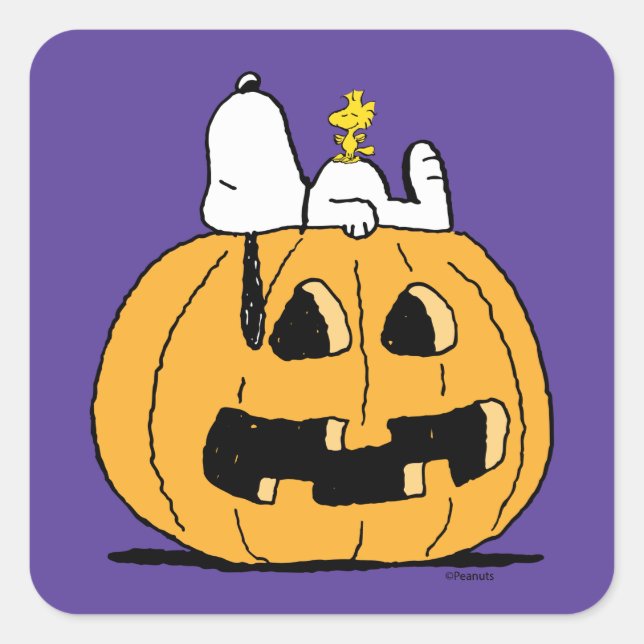 Pegatina Cuadrada Cacahuetes | Snoopy y Woodstock Jack-O-Lantern (Anverso)