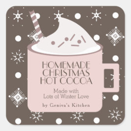 Pegatina Cuadrada Cacao Caliente de Navidad Casero Rosa Marrón