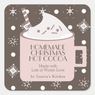 Pegatina Cuadrada Cacao Caliente de Navidad Casero Rosa Marrón