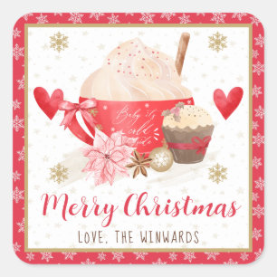 Pegatina Cuadrada Cacao Rojo y Cupcake Feliz Navidad