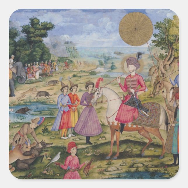 Pegatina Cuadrada Cacería real de Isfahán, Irán (Anverso)