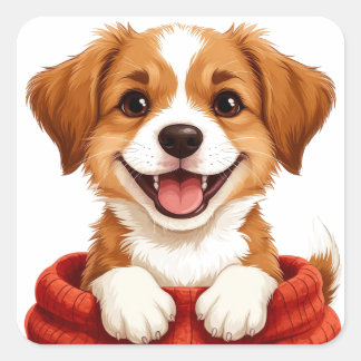 Pegatina Cuadrada Cachorro Adorable Con Bufanda Para Amantes De Perr