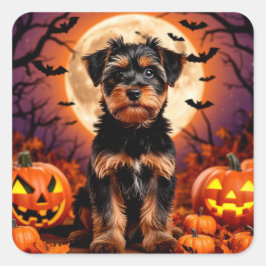 Pegatina Cuadrada Cachorro Adorable con Fondo de Halloween