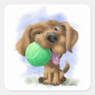 Pegatina Cuadrada Cachorro Adorable Con Pelota De Tenis caricatura