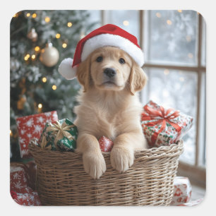 Pegatina Cuadrada Cachorro adorable con Sombrero de Santa