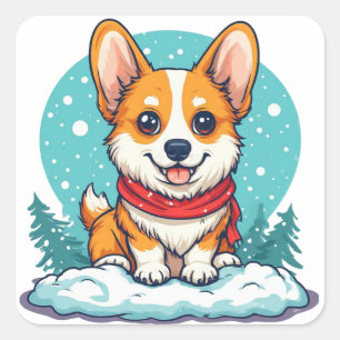 Pegatina Cuadrada Cachorro Adorable Corgi En La Nieve Con Invierno