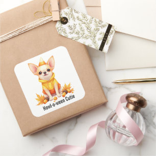 Pegatina Cuadrada Cachorro adorable de Chihuahua con disfraz de maíz