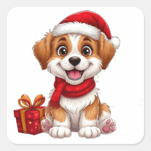 Pegatina Cuadrada Cachorro adorable de Navidad con sombrero de Santa